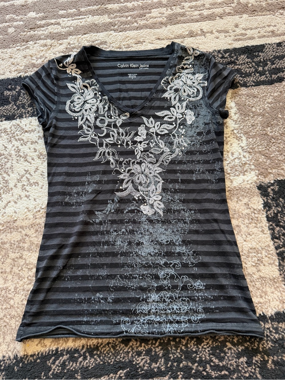 Calvin Klein Jeans Black & Gray Striped V-Neck Tee with White Floral Print